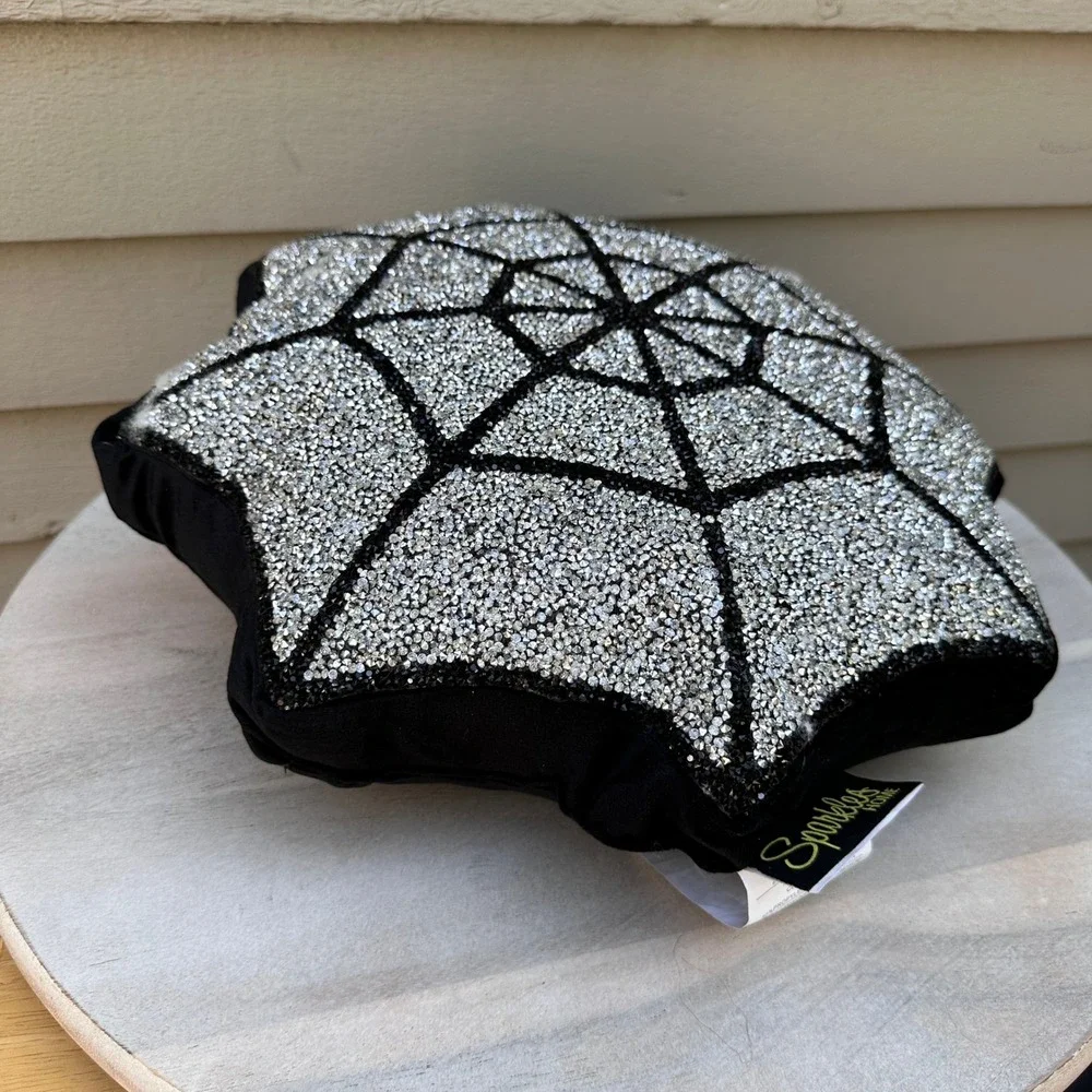 Sparkles Home Spider Web Rhinestone Pillow Black Silver 16in Gothic Decor NEW
